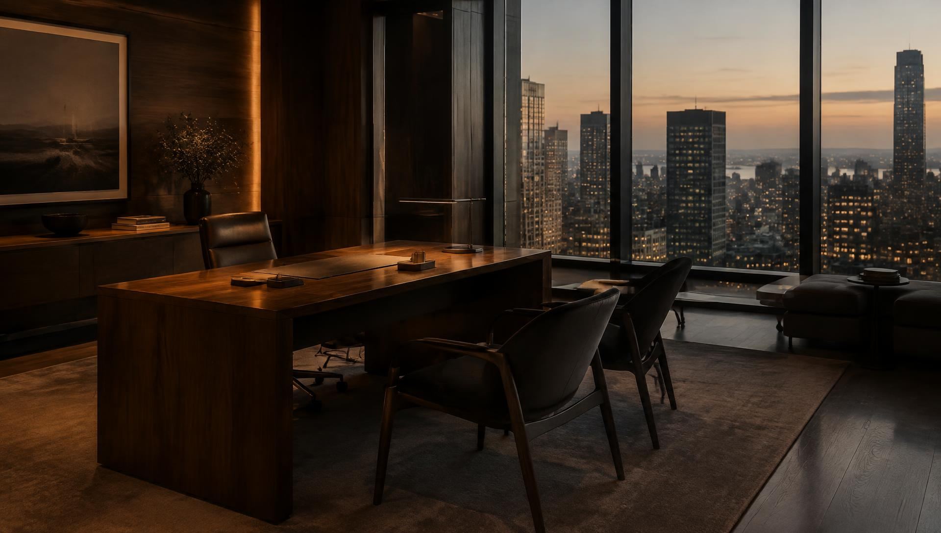 Private office interior at dusk overlooking a city skyline