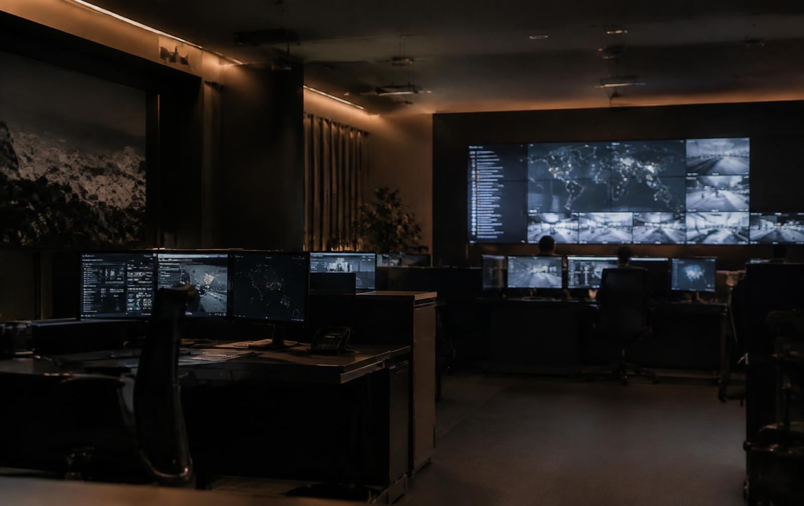 Placeholder: security operations control room in low light